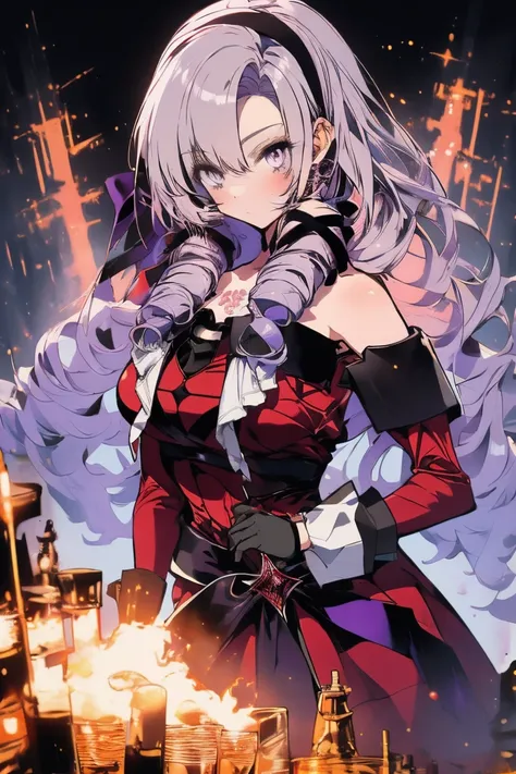 anime coloring,masterpiece,action,Salome, big body,big breasts,(((( best quality )))),, midjourney,,, hmsalome, drill hair, parted bangs, black hairband, ribbon, purple eyes, large breasts, tattoo, red dress, long sleeves, bare shoulders, black gloves