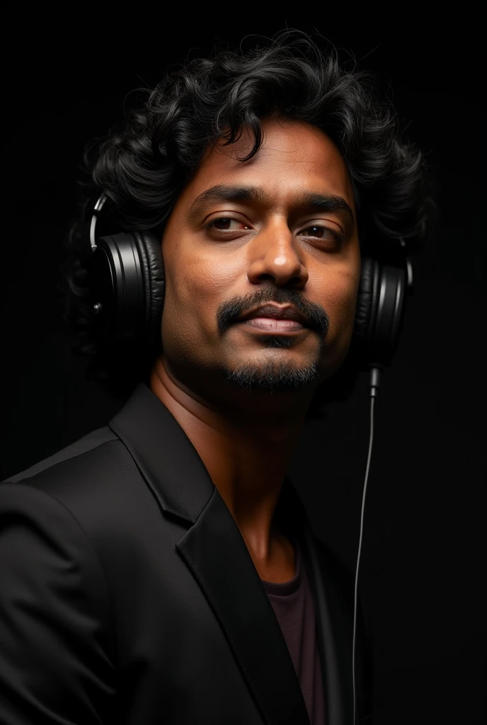 A r Rahman listening song through boss headphone in dark studio room, only he is visible, long shot portrait photography, his hair is long curly upto neck, realistic portrait featuring a man with a medium-to-dark brown skin tone with a warm undertone, smoo...