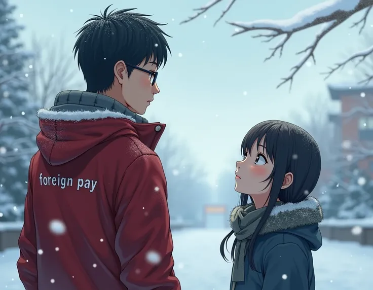 A man is standing outside with glasses, its snowing girl with dark hair, who looks at the sky and the red jacket has the inscription  "Foreign Pay" but you cant see your face
