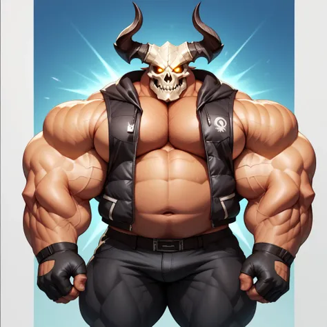 a massive man with a big giant tall wide musclegut body and big fat belly using black vest jacket, black glove, black pants, and skull masked which cover everyface with horn on the both side. standing still, solo, very big, very tall, very wide, very muscu...