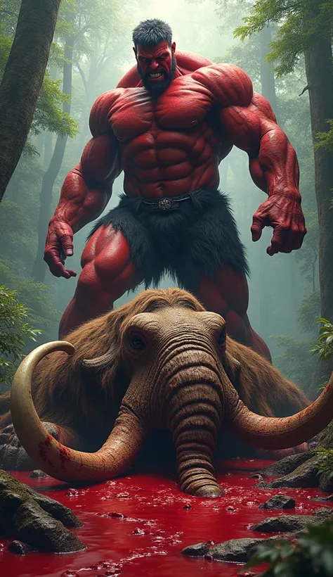 Red hulk standing on dead mammoth with flowing heavy blood in forest 