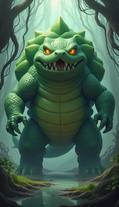 A hybrid fusion between Bulbasaur and monstrous alligator 