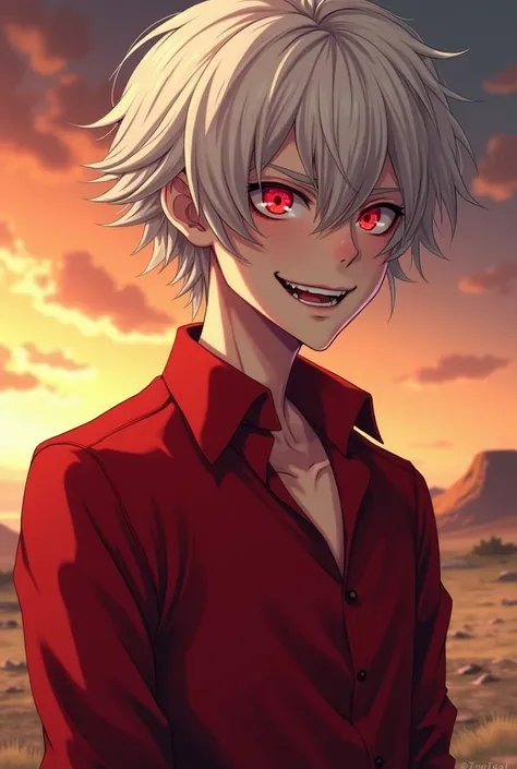 tall young man,  slender but well-defined body, albino hair, albinism, scarlet eyes, disheveled hair, villain look , sadistic smile, Anime villain, 26 years old, Top plane, desolate landscape,  red dress shirt 