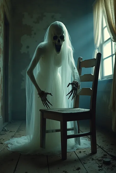 Scary Ghost. Hands tied to the chair. screams.  A room in an old house. 