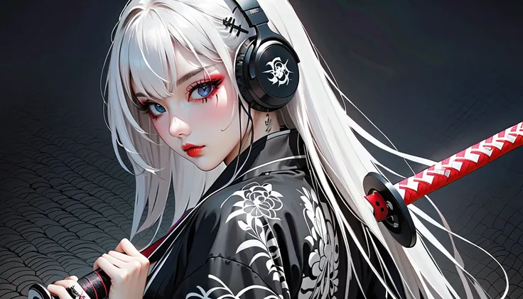 (masterpiece, ultra detailed,best quality,(((SIMPLE BACKGROUND))), (((punk girl))), (((1 girl))), (((Flashy makeup))), (((Japanese style headphones))),((samurai sword at back )), (((japan pattern black lingerie kimono))),(((TATOO))), beautiful girl, white ...