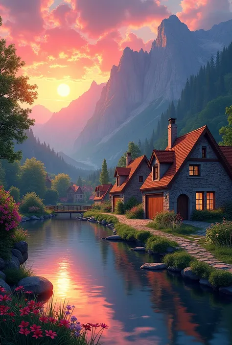 A small village on the river, mountains in the background, colorful flowers,  detailed landscape ,  beautiful natural landscapes,  atmospheric lighting , fiery red sunset, warm colors, Practical,  photorealistic , detailed foliage, complex buildings,  cobb...