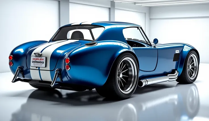 Full straight back side view of painted gleamy blue with shiny clour 1997 Shelby cobra 427 sleek in  Shelby logo on its  detailed grille in shiny white clour with angular sporty design captured from straight back side view with modified sleek backlights  &...