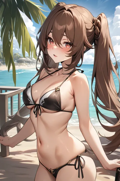 NSFW,masterpiece, top quality , high res, very detailed,walnut(Genshin Impact)、 long hair、bangs、Brown Hair、Red Eye、 hair between eyes、 twin tails、side lock、 symbol shaped pupil , bikini,beach, palm trees,Beach House