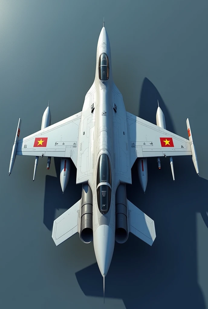 Design of a single-engine fighter jet combining the f16, su 34, f22. Comply with aerodynamic design. Single-pilot cockpit. Gray-blue paint. Has the Vietnam Air Force flag. Aerodynamic and scientific design. Standard aircraft design to withstand G-force, dr...