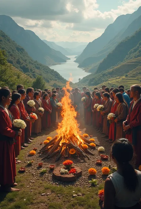 A wide global view showing the unique funeral traditions of different cultures. On one side people are bidding farewell with flowers, on the other side someone is being cremated over a fire. The background is a varied landscape including mountains, sea and...