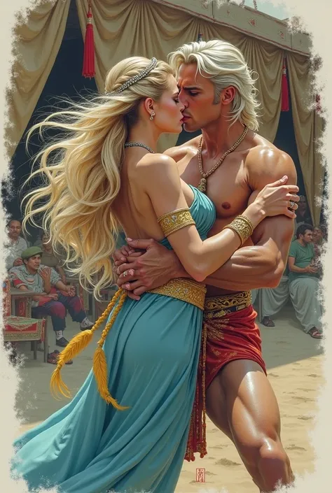  beautiful , exquisite,  bright drawing in the style of a realistic 80s comic book .рисование комикса 90-х. oriental dance ,  beautiful  парень с длинными белыми волосами ниже плеч,with  blue eyes ,  tanned skin , очень  beautiful  мужчина,dancing with a к...