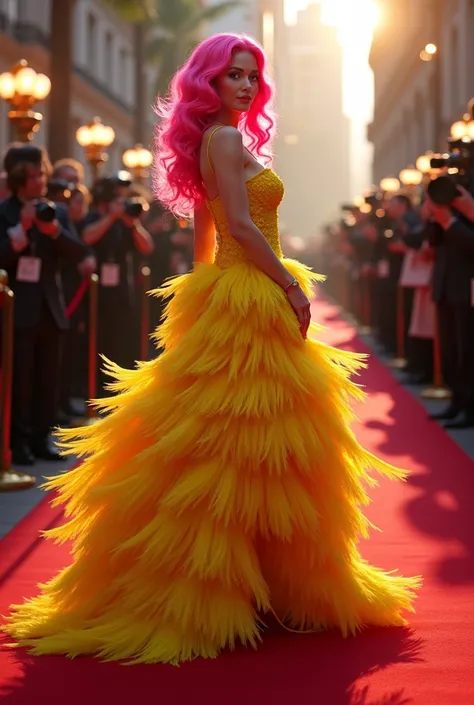 A real movie star with intense pink hair walks the red carpet dressed in a yellow feathered dress poses in the glow of a flash 