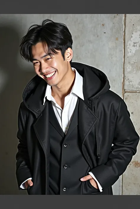 Flash photography, detailed shot portrait of a young handsome asian man, smirking, wearing big black coat with loose sleeves, black suit, ultra high resolution, concrete wall backgrounf, (photorealistic:1.4), high resolution, (fine skin), , (perfect propor...