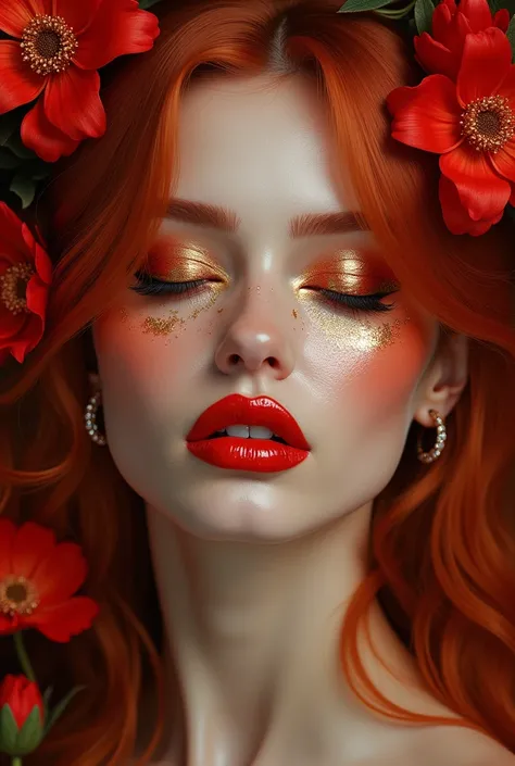 Portrait of a very beautiful woman with copper-red makeup and bold copper-red lipstick and gold chrome with her eyes closed and gold chrome lacquer with red and gold flowers around her