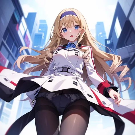 (( top quality )), ((masterpiece)), (  Details), ( super high res)、aacecilia、
 long hair、Curly Hair、 drill hair、 blue headband、uniform、 white jacket、 white dress、 Long Sleeve 、belt、 black pantyhose、 
 perfect face、 perfect body、Perfect Hair、超 Detailsな瞳、超 D...