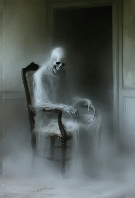 Ghost man. Sits in a chair .  Hands tied to armrests.  A room in an old house. evil look