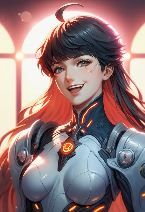 masterpiece, best quality, beautiful detailed hair detailed face, perfect feminine face, (happy:1.2), cyberskull mask, (close-up potrait:1.2), face focus, a beautiful and cute warframe woman and glowing black hair, red neon lighting, (sci-fi cyberpunk body...