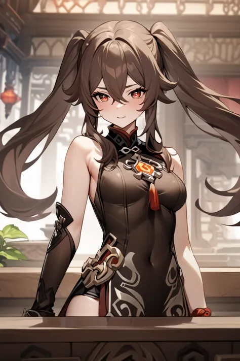 NSFW,masterpiece, top quality , high res, very detailed,Futao(Genshin Impact)、 long hair、bangs、Brown Hair、Red Eye、 hair between eyes、 twin tails、side lock、 symbol shaped pupil , leotards, sleeveless, micro mini skirt, fantasy, Adventurers Guild, reception ...