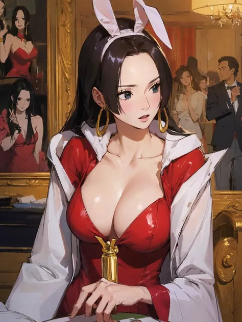 masterpiece、 top quality 、 exquisite texture expression 、 A painting drawn with great precision、 high res、Sense of presence、, hancock1, 1girl, boa hancock, earrings, large breasts, cleavage, long hair, masterpiece、 top quality 、 exquisite texture expressio...