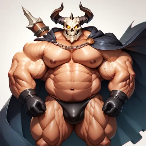 a massive man with a big giant tall wide musclegut body and big fat belly using black cape, black glove, black underwear, and skull masked which cover everyface with horn on the both side. standing still, solo, very big, very tall, very wide, very muscular...