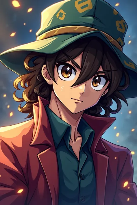 A wizard man, curly brown hair and brown eyes, cleft chin, military patterned bucket hat, yugioh anime style