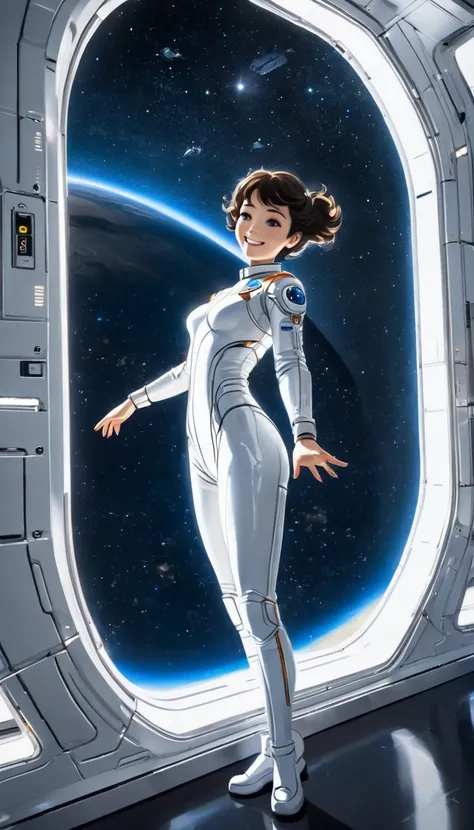 A woman stands at the entrance of a futuristic space station, dressed in a sleek, high-tech spacesuit. She smiles warmly, looking directly at you, and extends her hand invitingly. Behind her, the metallic walls and large windows of the space station reveal...