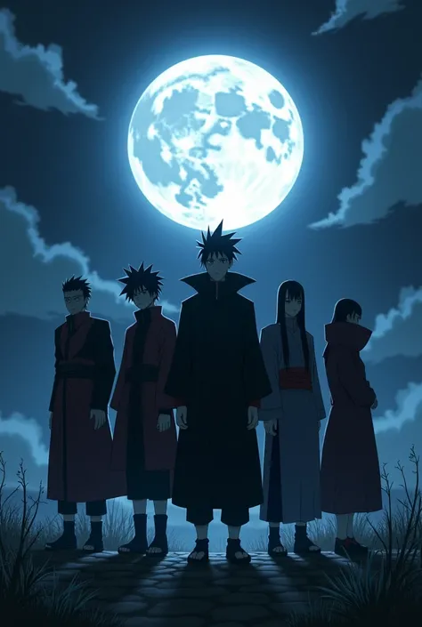 Give a image of Akatsuki gang in naruto looks like standing under moon light 