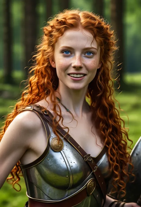 Hyperrealistic right side view. Close-up of a young, thin, malnourished Celtic warrior woman with long curly red hair, blue eyes, furious smile, fighting with a Roman legionary, whom she wounds in the chest. In the background, a forest clearing.