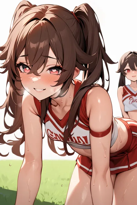 NSFW,masterpiece, top quality , high res, very detailed,Futao(Genshin Impact)、 long hair、bangs、Brown Hair、Red Eye、 hair between eyes、 twin tails、side lock、 symbol shaped pupil , cheerleader, crop top, miniskirt, spats,Ground, fresh smile ,sweat, cute pose