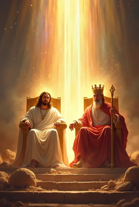 Jesus seated on a golden throne as King with crown and scepter in his hand . Jesus has eyes like a flame of fire and the face of Jesus shines with a lot of light.  On the left side of Jesus another exploded golden throne and sits the bearded God the Father...