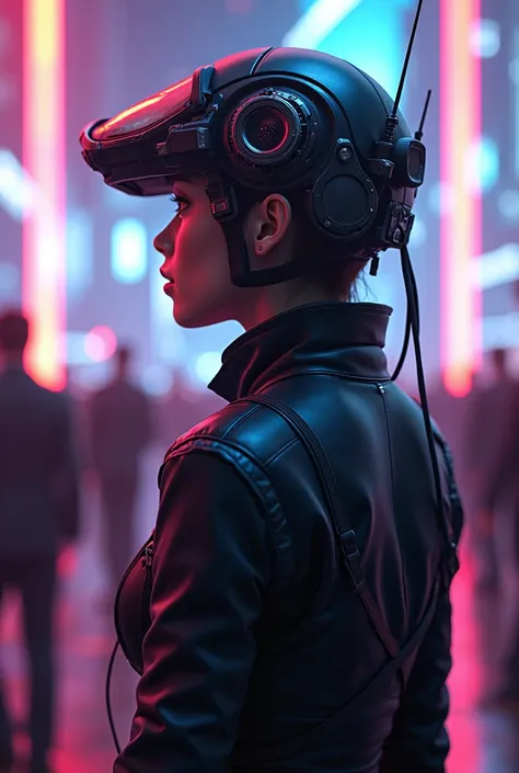 Space series , has a futuristic camera attached to the cap.,มีลำโพงsideหมวก,เสาอากาศsideหมวก, futuristic speakers ,ติดsideของหมวก, dress,The background is the future world music stage,ทั้งหมด dress, facing straight front ,side,behind, full body image 