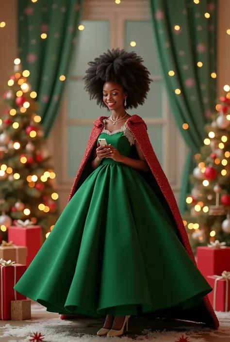 A highly detailed 3D-rendered scene with a wide-angle view featuring a Ugandan woman, around 24 years old, with radiant black skin and long, natural puff-style black hair. She has a confident and ambitious expression, wearing a stunning green round gown th...