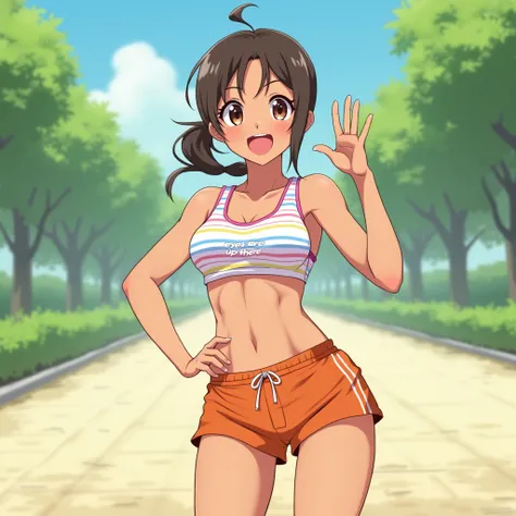 anime illustration, woman, low ponytail, brown hair, brown eyes, tan skin, tank top, side swept bangs, tiny pink-blue-yellow-white striped pattern on tank top, thin horizontal stripes, orange shorts, proportionate medium sized breasts, round face, standing...