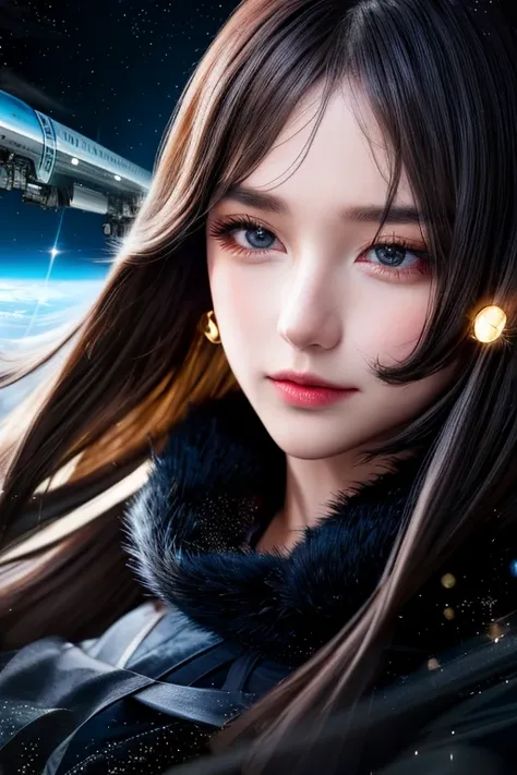 Space Train、masterpiece, 金hairのストレート, hair, ,  ãã¼ ãã ¡ãâã³, Black Hat, Fur is,  dress,  yellow, ephemeral sad eyes,  steam (Station: 1.1), Station platform,   knight , galaxy, 999,  top quality , Super fine, 16k,  RAW photos ,  photorealistic, incredibly ...