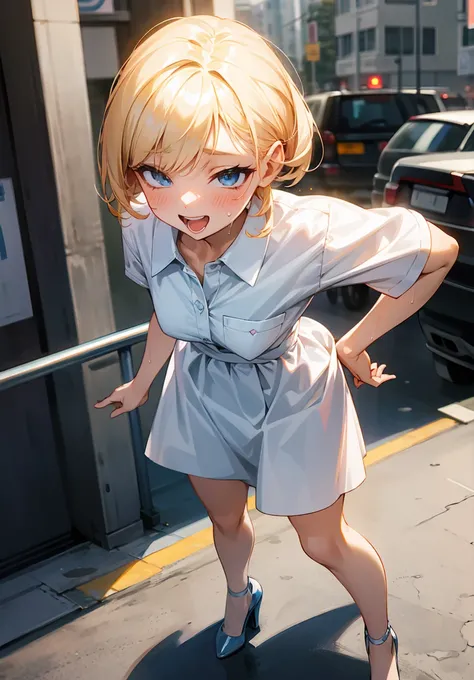 1 petite, slender girl, Im wearing a white short sleeve shirt、 pink bikini、 lips, open_mouth, Realistic city, Alone,(masterpiece),( top quality ), ( super high res), Blonde, Blue-eyed girl with middle bob hair, (Sexually excited, blush and smile 、 sweaty )...