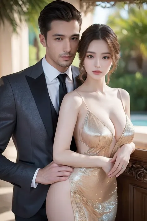  Realistic , 4K, Highly detailed,  measurements, Portrait of a man in a suit and a beautiful girl in a luxurious heiso dress, Perfectly proportioned, intimate, loved one, Close to each other,  perfect anatomy ,  perfect background ,  perfect face , , perfe...