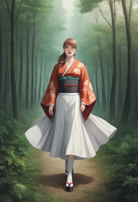 Close up of a person walking through the forest with huge eyes, Kubisi artによるコンセプトアート,  pixiv contest winning work wearing a kimono dress, Serial Art,  Detailed 4K Horror Artwork , in style of Rory Greasley, Rory Greasley, Creepy art style, Dark illustrati...