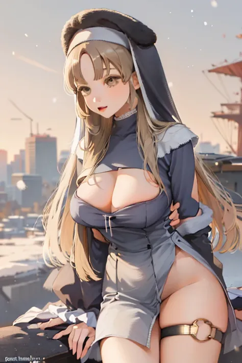 Young woman,Twenty-nine years old, Asian face, long brown hair, Skin as white as snow, Wearing a sexy green sheer see-through plunging deep-v provocative nun costume, revealing her left thigh., Big chest, Thin waist, Big butt,On the sky deck, airship, Pain...