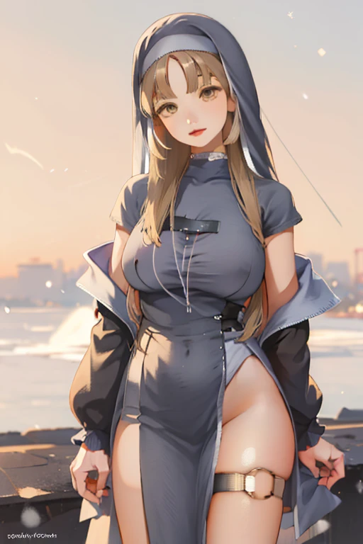 Young woman,Twenty-nine years old, Asian face, long brown hair, Skin as white as snow, Wearing a sexy green sheer see-through plunging deep-v provocative nun costume, revealing her left thigh., Big chest, Thin waist, Big butt,On the sky deck, airship, Pain...