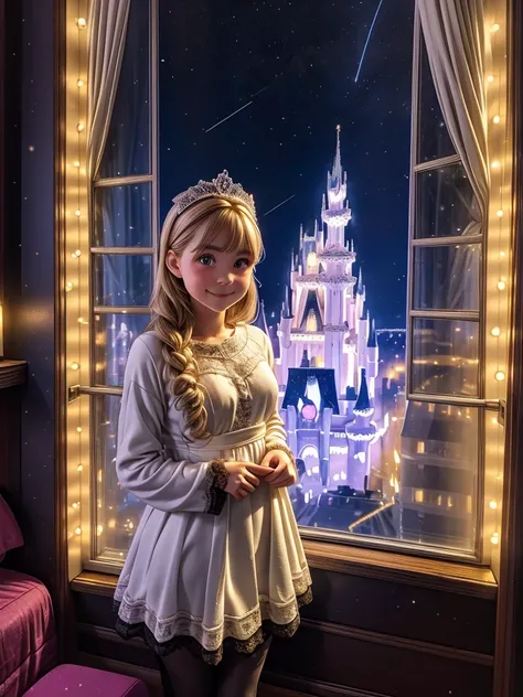  Two Women .Nightsky.starry.moom (8k) Inside hotel room . winter . Tiara. Line-up group . 
Long Drees robe. lace leggings. (Selfee).  Neon Xmas . Window overlooks Disneyland  castle. Standing.  