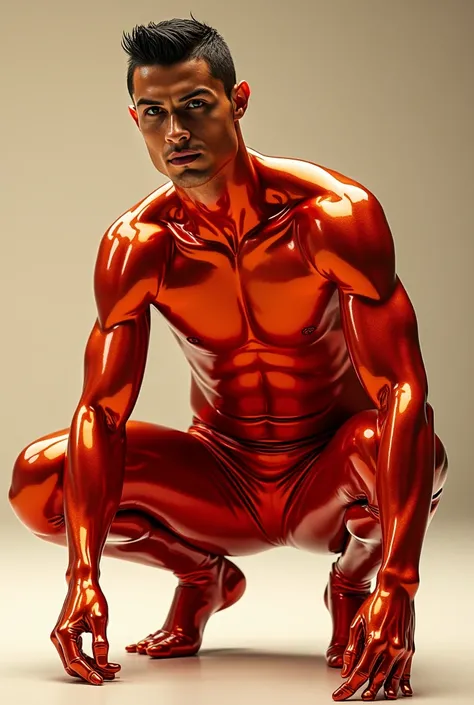 Real Ronaldo paints his entire body in a glossy reddish gold color from his toes to his hair、Muscular and cool to crouch