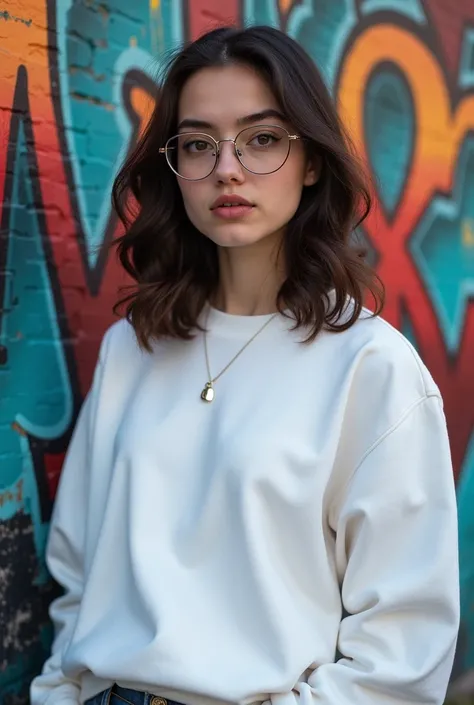 arafed girl in a white sweatshirt and glasses standing next to a group of ren, a picture inspired by Antonín Chittussi, instagram, graffiti, 😭 🤮 💕 🎀, closeup photograph, profile pic, detailed clothing, not cropped, profile image, profile photo, loosely cro...