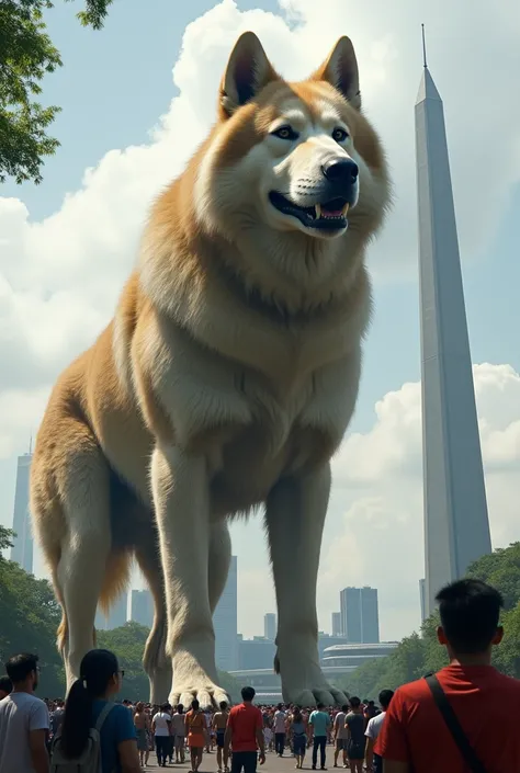 Create a giant dog in a crowd of people from Jakarta Monas