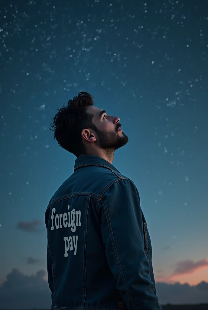  A guy with dark hair and a short, neat beard looks at the stars, and the denim jacket says  "Foreign Pay"