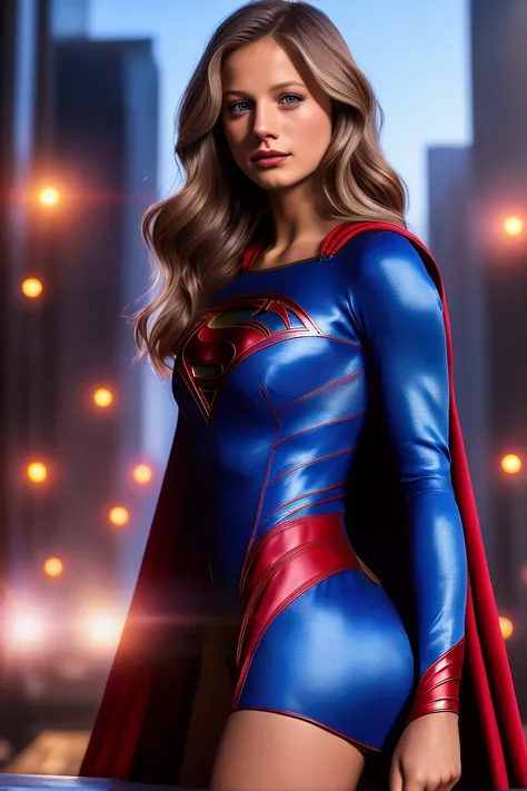 Sexy, Melissa Benoist, Tight Blue, Silk Supergirl Upper Bodysuit, Red Mini dress, long red cape, Lifting Mini Skirt, Revealing Panties, Outside The Daily Planet, detailed, Photorealistic, high resolution, 8k, photorealistic, hyper detailed, intricate detai...