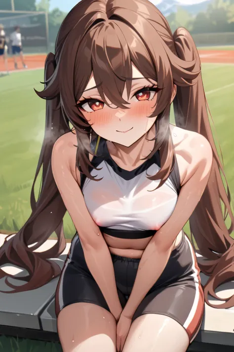 NSFW,masterpiece, top quality , high res, very detailed,Futao(Genshin Impact)、 long hair、bangs、Brown Hair、Red Eye、 hair between eyes、 twin tails、side lock、 symbol shaped pupil ,Track and field club,Descente Bra Top,Descente One Point Shorts,smile,blush,Hea...