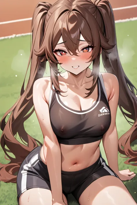 NSFW,masterpiece, top quality , high res, very detailed,Futao(Genshin Impact)、 long hair、bangs、Brown Hair、Red Eye、 hair between eyes、 twin tails、side lock、 symbol shaped pupil ,Track and field club,Descente Bra Top,Descente One Point Shorts,smile,blush,Hea...