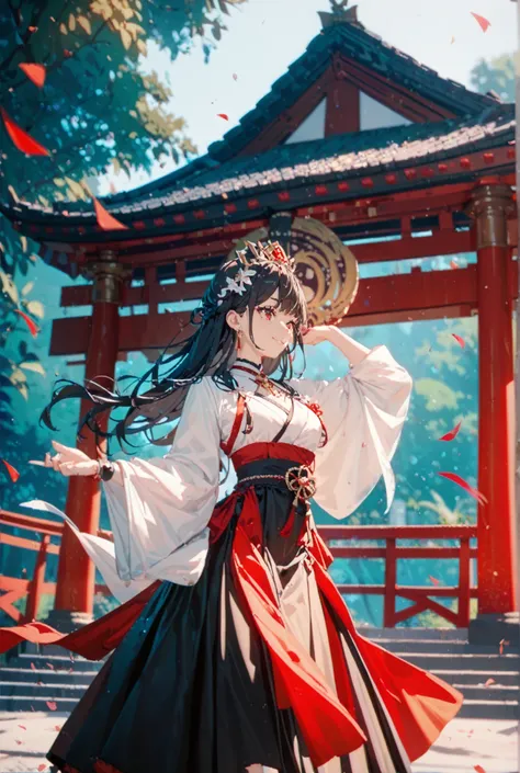 デフォルメ, anime character, black long-haired girl, Shrine maiden costume White tops and red bottom, Dance a splendid dance,
 high definition , masterpiece, accurate,  