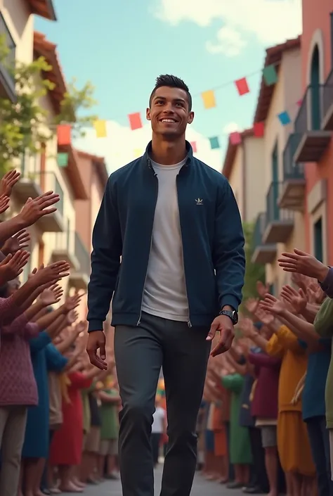 Heros Welcome

Image description: Cristiano Ronaldo returns to the village, where he is greeted as a hero. The villagers cheer and applaud, thanking him for saving their village. Cristiano Ronaldo wears the same navy blue jacket, white shirt, and dark grey...