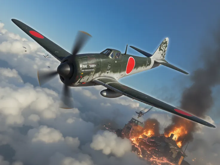 (masterpiece:1.3, top quality :1.3, very detailed depiction:1.3, incredible high resolution:1.3, high quality photo images ),Zero Fighter, Japanese Army Fighter , Propeller Fighter , Reciprocating Fighter , Air Cooled Engine ,intense aerial combat , Dock F...